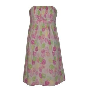 LILLY PULITZER Seashell Print Smocked Cotton Strapless Lining Dress Size 0- XS